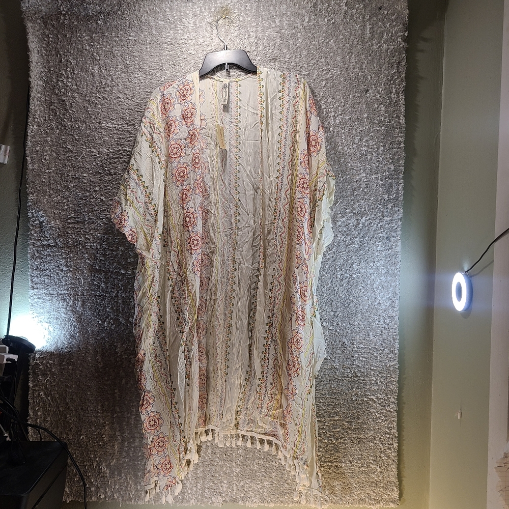 American Rag Kimono Duster Large Beach Cover Up‎ Rayon Paisley Print Fringe NWT